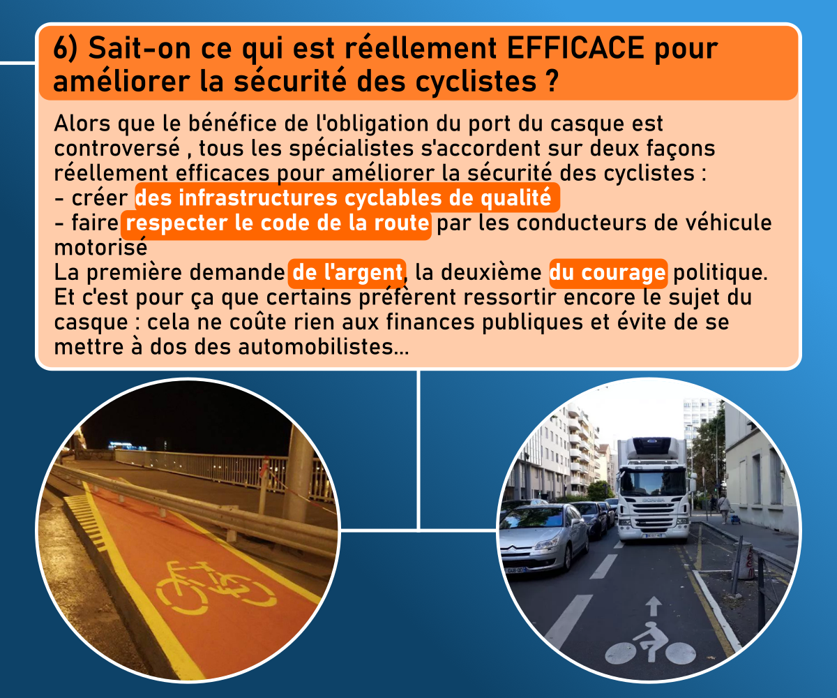 6) Sait-on ce qui est réellement efficace pour améliorer la sécurité des cyclistes ?
Alors que le bénéfice de l'obligation du port du casque est controversé, tous les spécialistes s'accordent sur deux façons réellement efficaces pour améliorer la sécurité des cyclistes :
-créer des infrastructures cyclables de qualité
-faire respecter le code de la route par les conducteurs de véhicule motorisé
La première demande de l'argent, la deuxième du courage politique. Et c'est pour ça que certains préfèrent ressortir encore le sujet du casque : cela ne coûte rien aux finances publiques et évite de se mettre à dos des automobilistes...