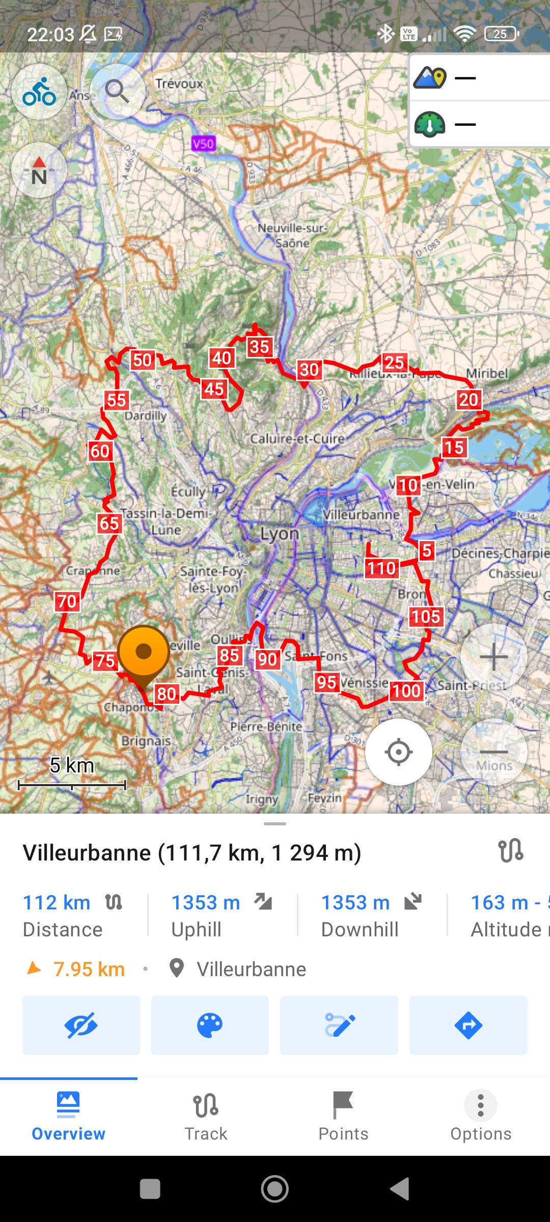 screenshot de l'application osmand montrant un itinéraire faisant grosso modo le tour de Lyon. 111k, 1300m de D+